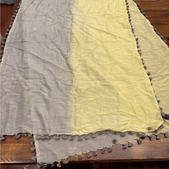 New Eileen Fisher Two-Tone Scarf/Wrap Yellow & Gray Green With Pompoms 78” X 26”